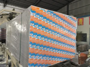 Stack of TRUSUS gypsum boards wrapped in plastic at a warehouse, showing packaging and storage.
