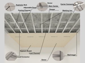 Ceiling construction diagram showing components like explosive bolt, adjustable panel, furring channel, gypsum board, load channel, level connector, and more.