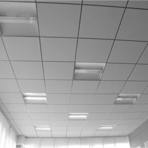 Office ceiling featuring a grid of square tiles and multiple fluorescent light fixtures installed within the tiles.