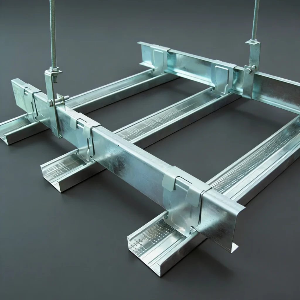 Metal framework structure for suspended ceiling installation on a dark surface; includes connectors and supports.