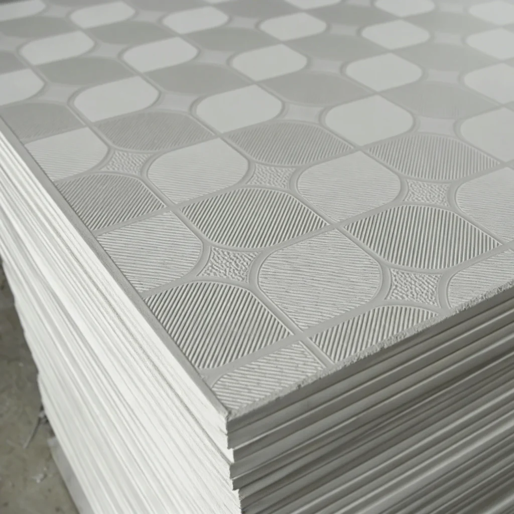 A stack of white ceiling panels with a geometric textured surface and striped patterns.
